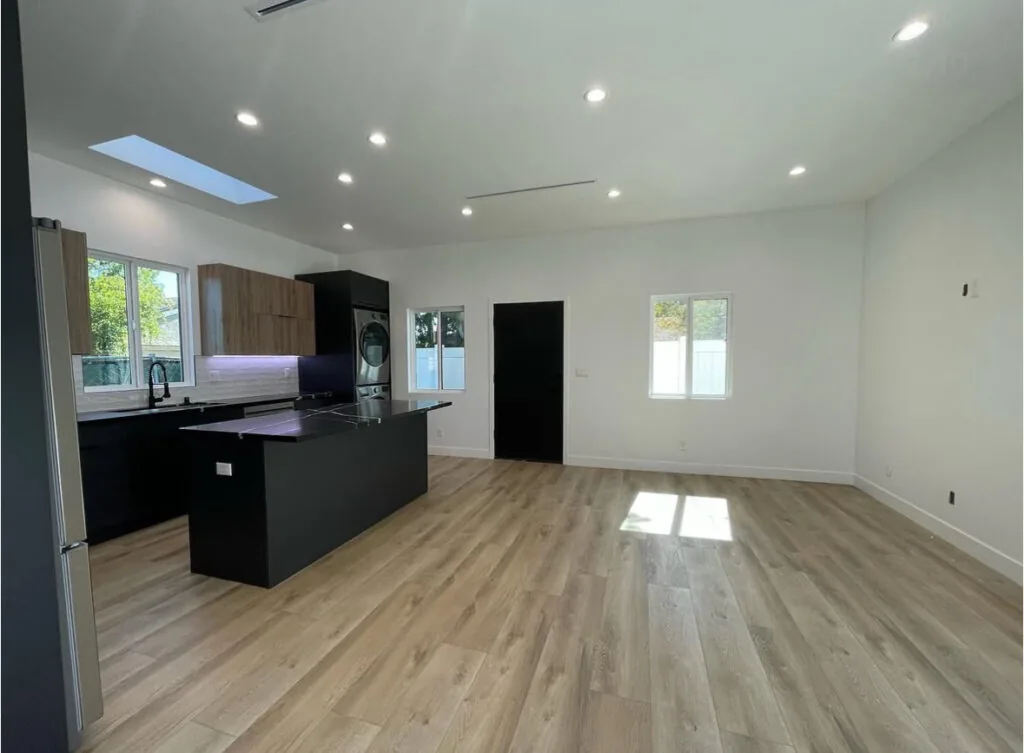 Completed ADU kitchen and living interior in Los Angeles