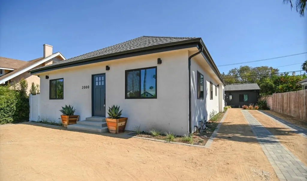 Completed modern white detached ADU and garage conversion in Los Angeles by Leonard ADU